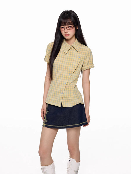 Plaid Asymmetric Button Wrap Top