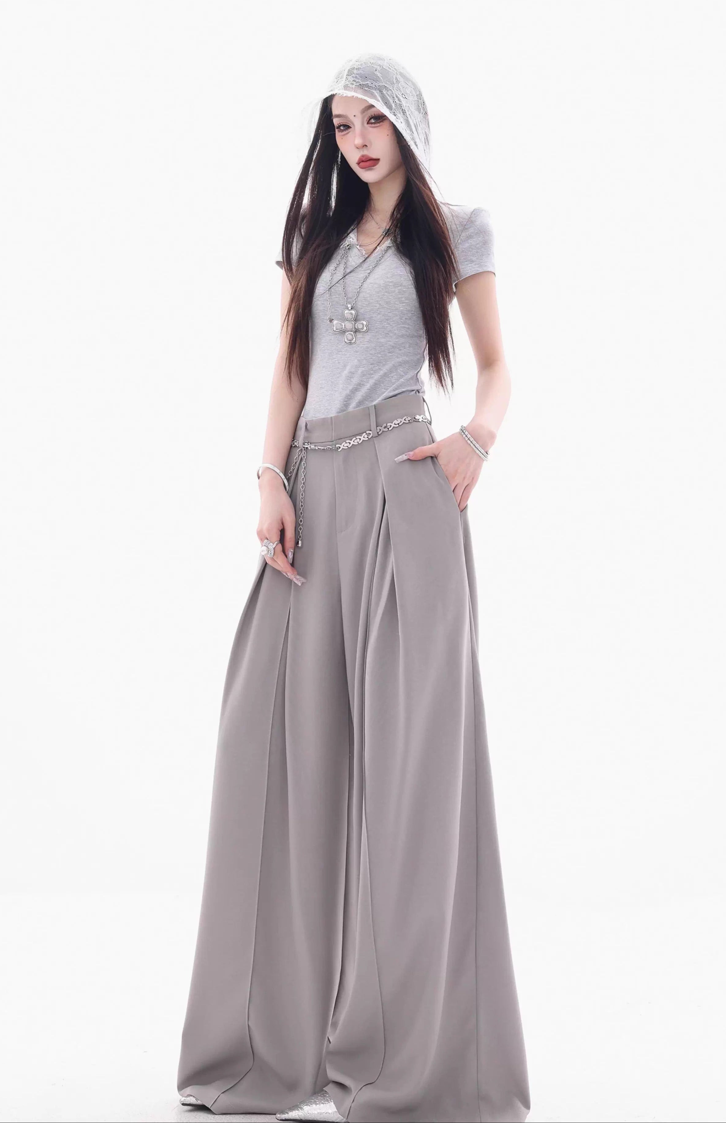 High Waist Extra Wide Leg Pleated Pants with Belt Loops
