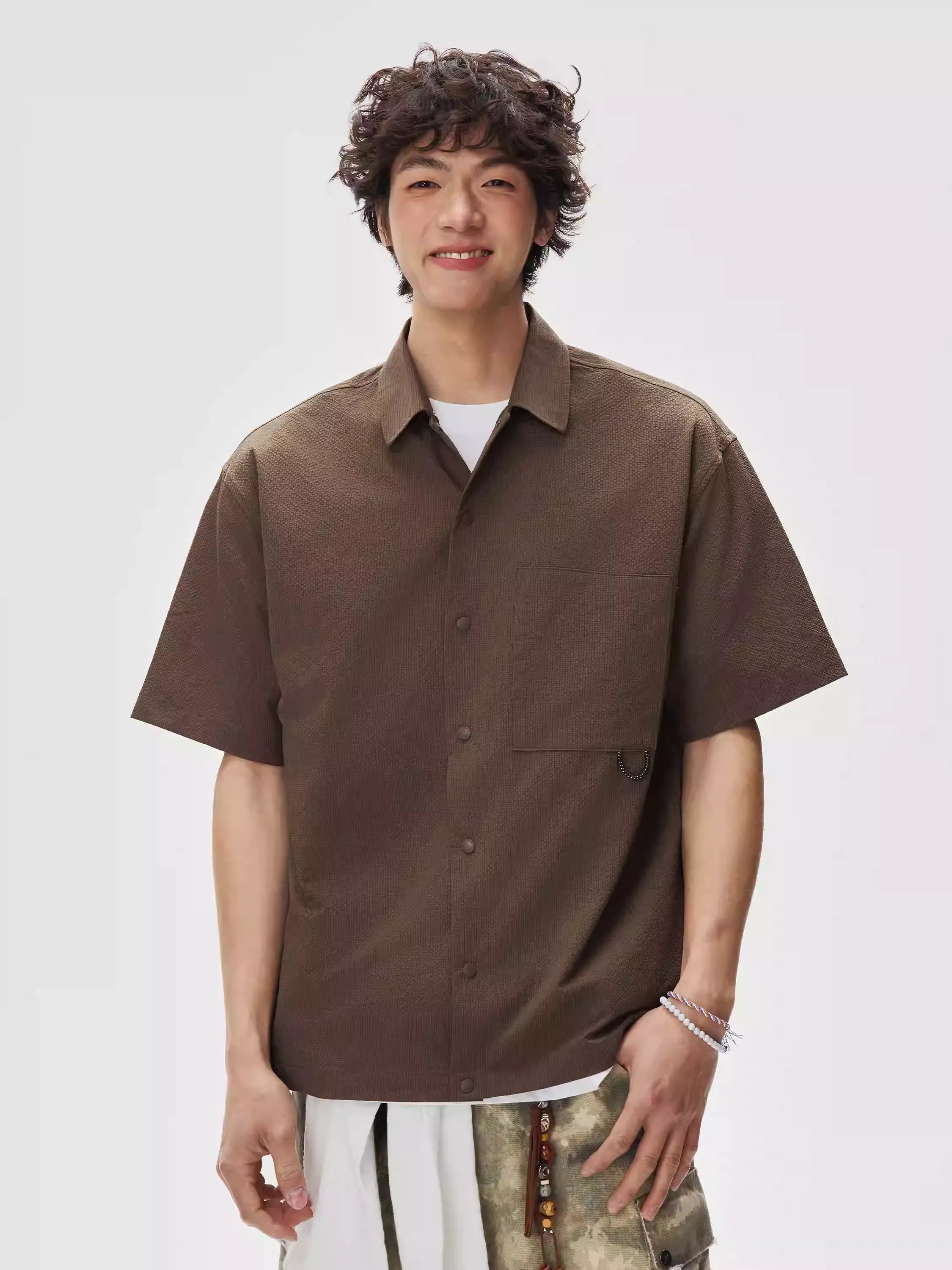 Boxy Waffle Texture Short Sleeve Button Shirt