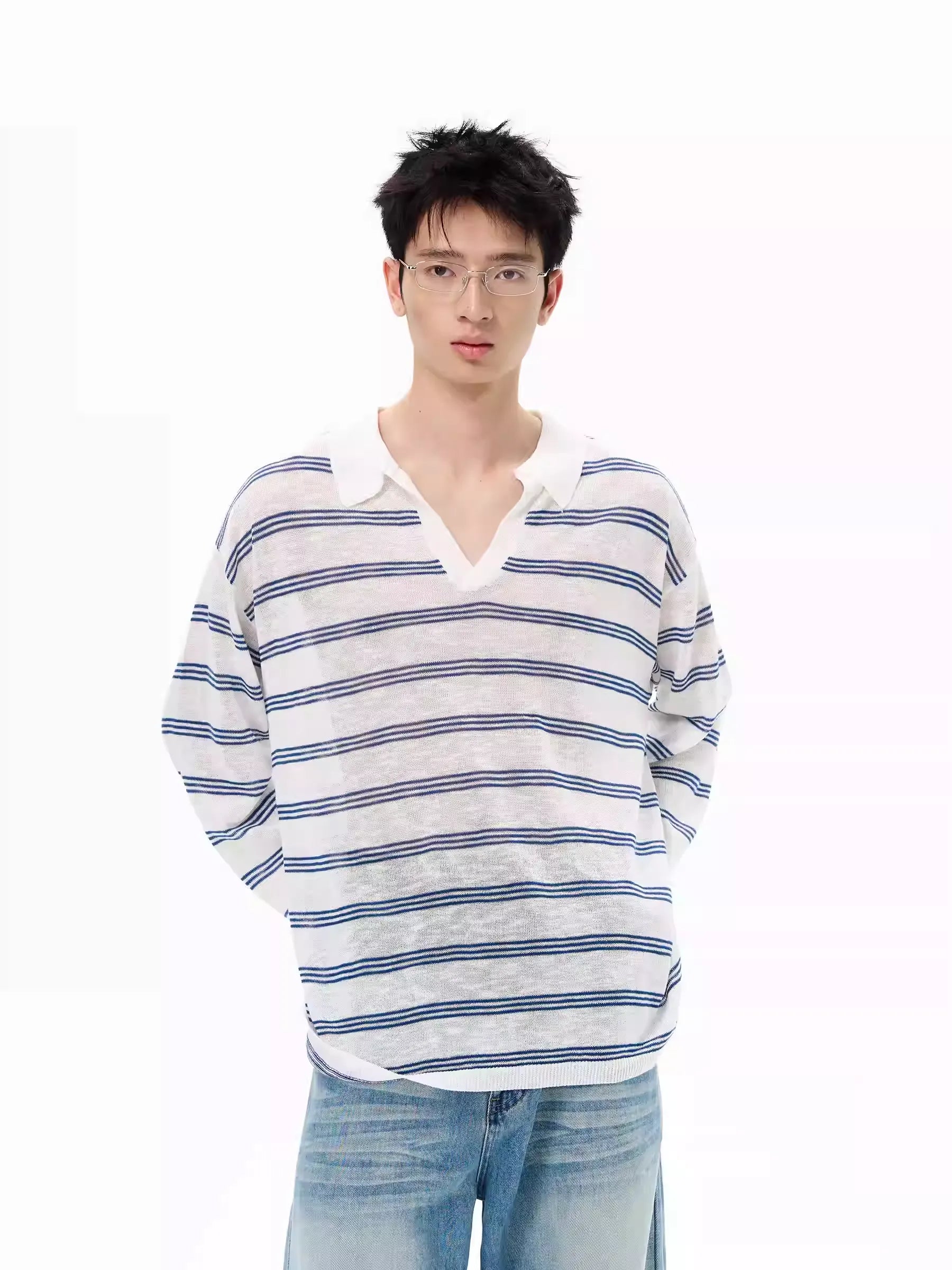Stripe Drop Shoulder Long Sleeve Polo Shirt
