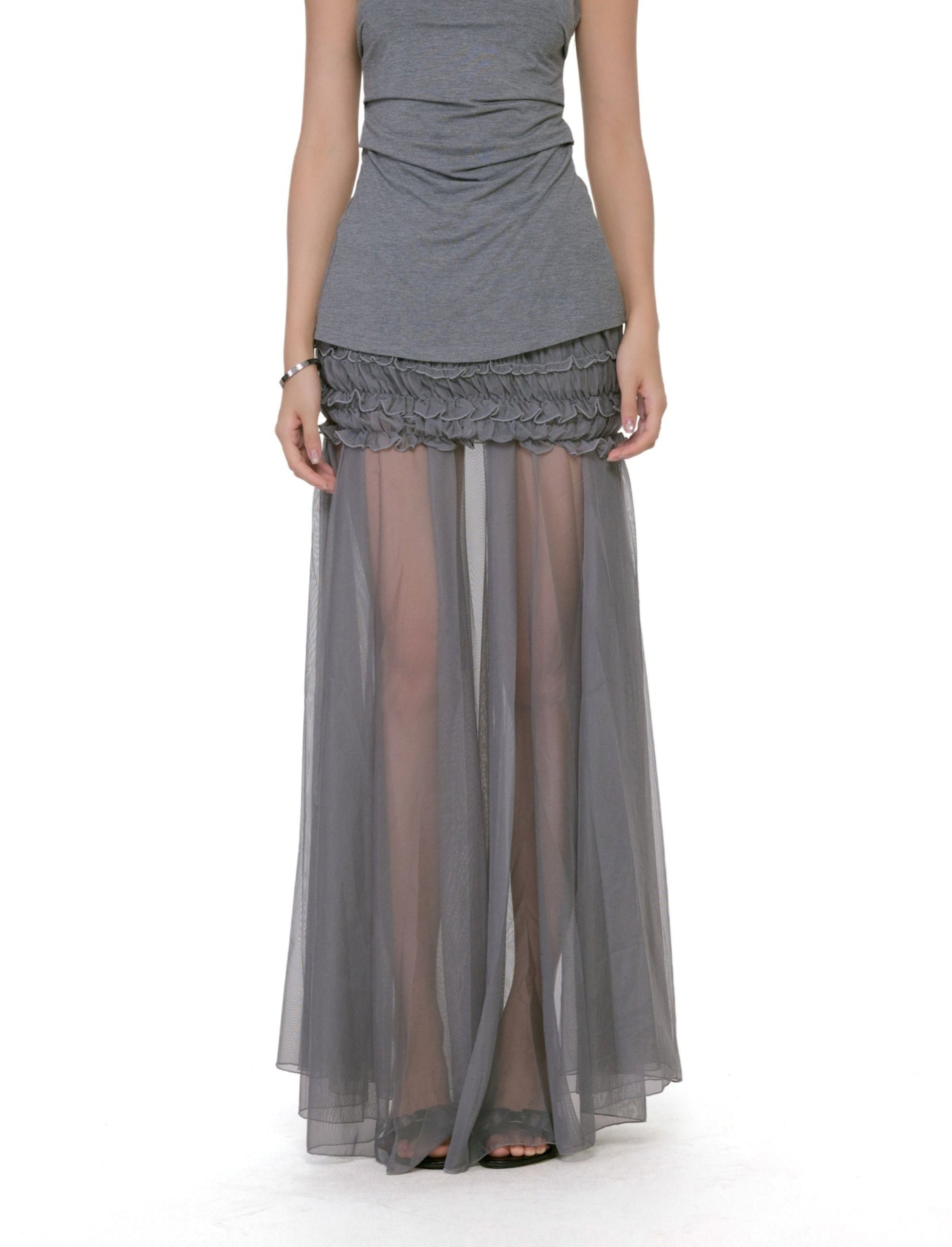 Ruched Waist Sheer Mesh Maxi Skirt