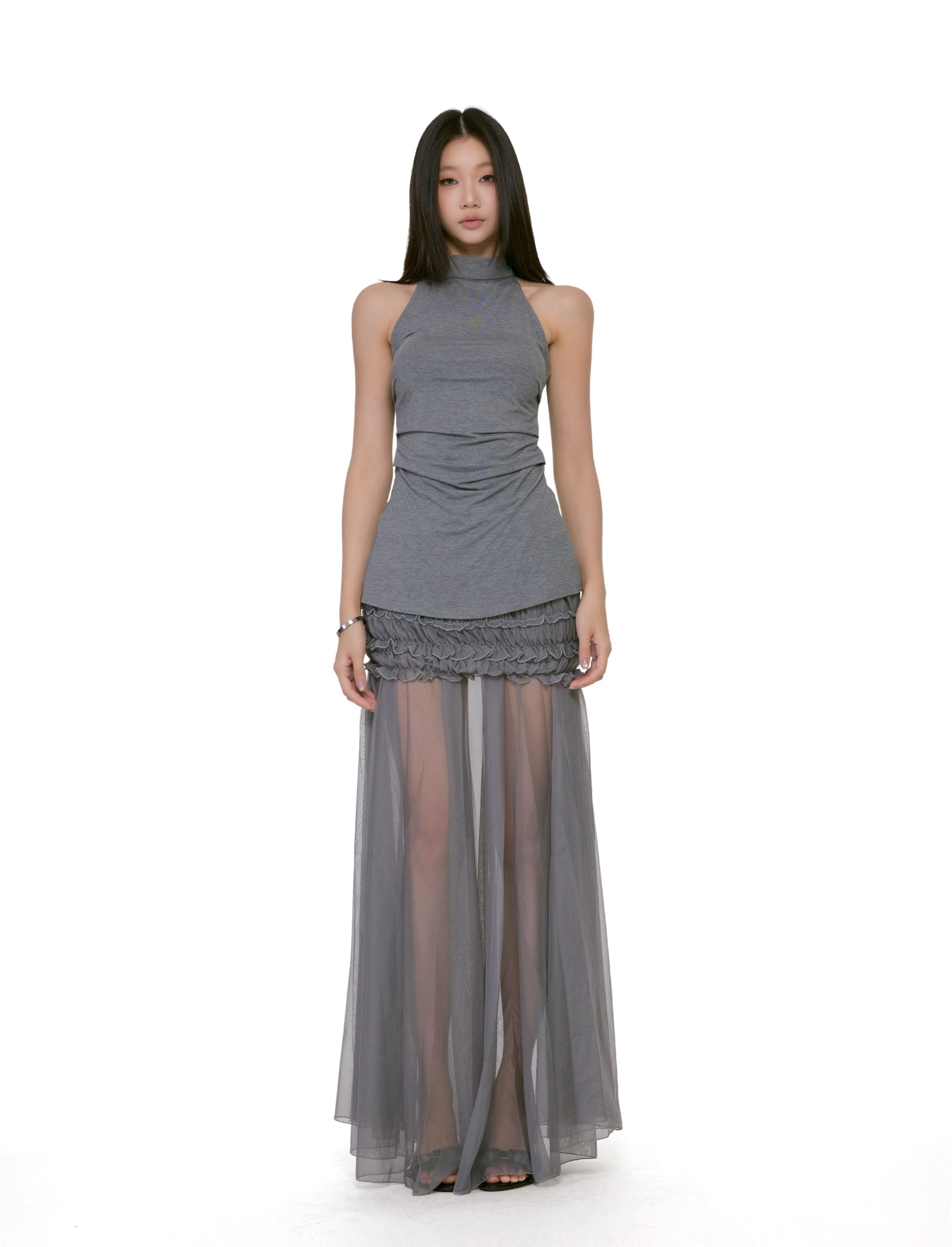Sleeveless Ruched Mock Neck Maxi Dress with Sheer Mesh Skirt