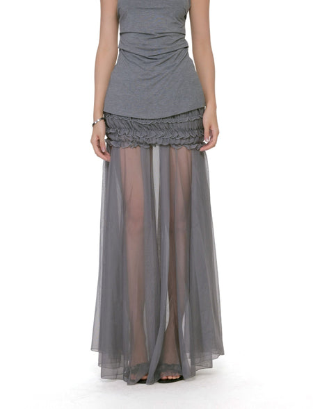 Ruched Waist Sheer Mesh Maxi Skirt