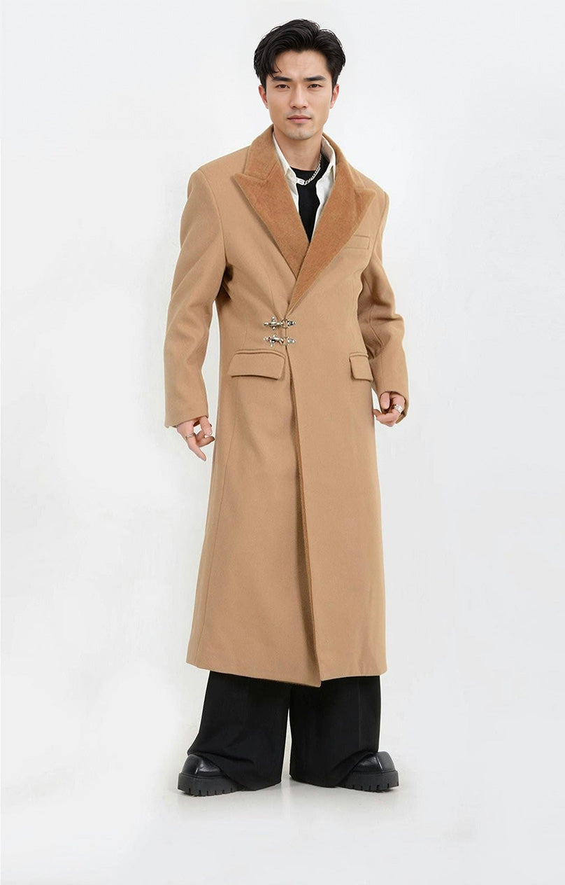 Oversized Velvet-Lapel Long Coat with Metal Buckles