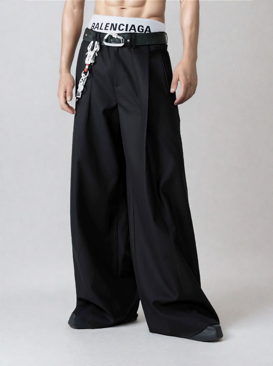 Wide Leg Tailored Trousers with Fold-Over Pleat