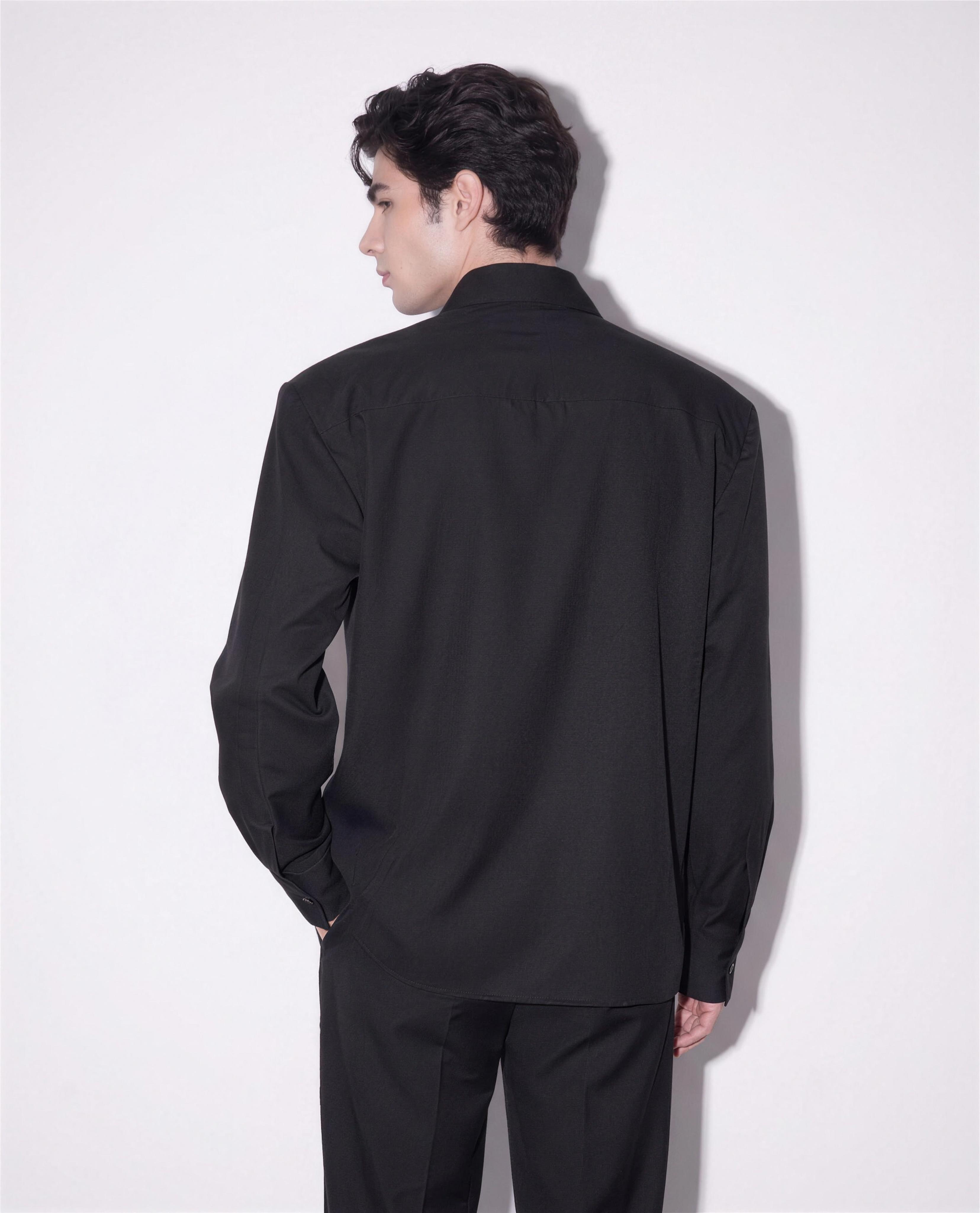 Boxy Pleated Front Pointed Collar Tuxedo Shirt in black - back view showing squared shoulder line and yoke seam