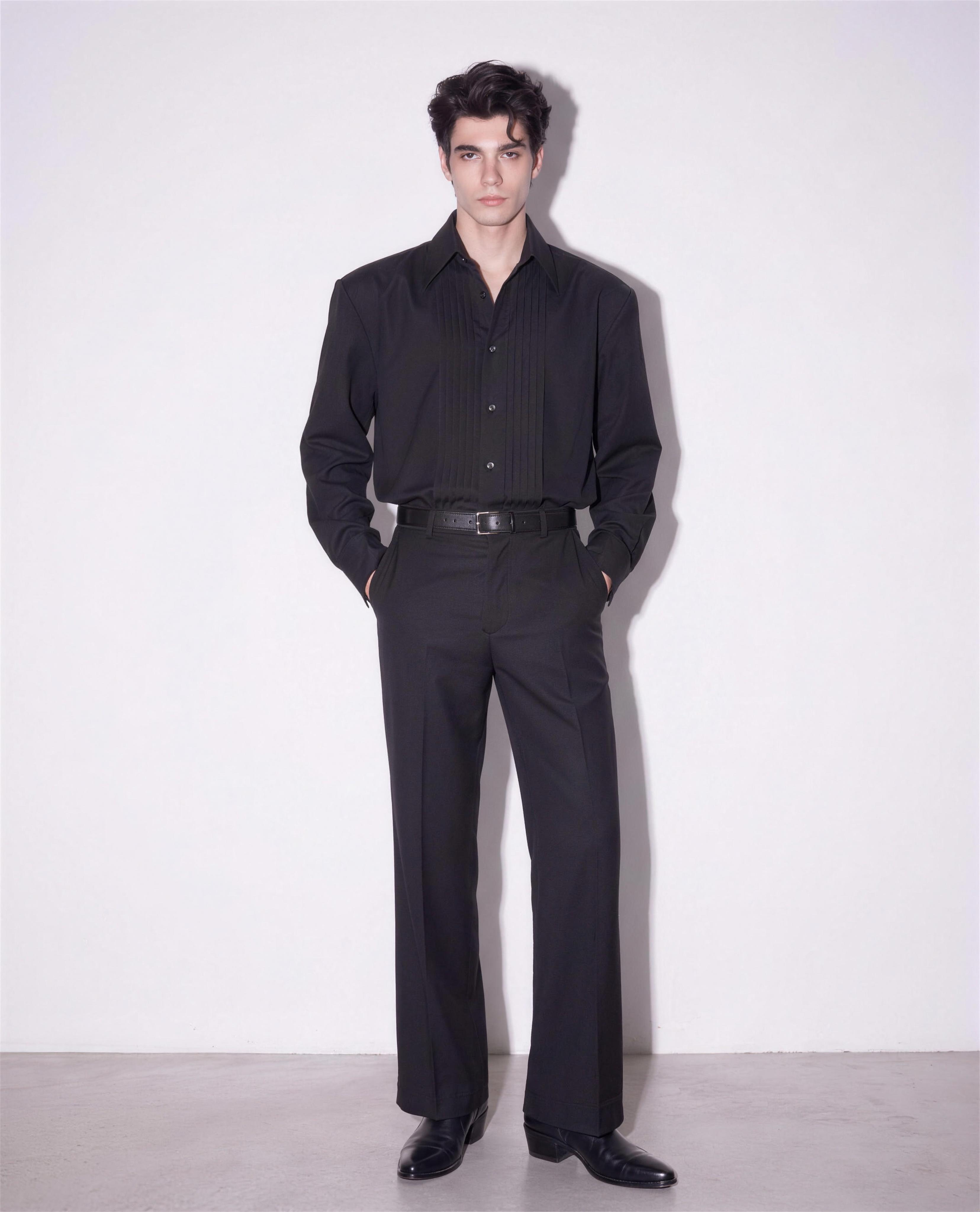 Boxy Pleated Front Pointed Collar Tuxedo Shirt in black styled with black wide-leg trousers - full body view