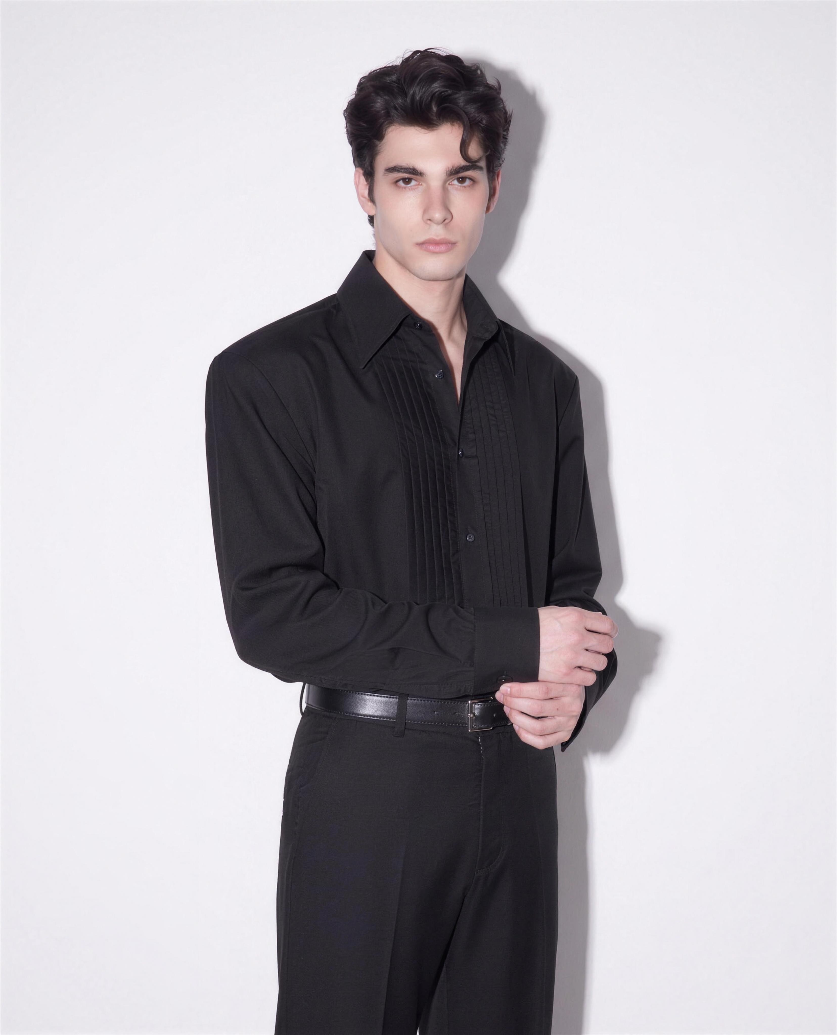 Boxy Pleated Front Pointed Collar Tuxedo Shirt in black - half body angled view showing boxy oversized fit