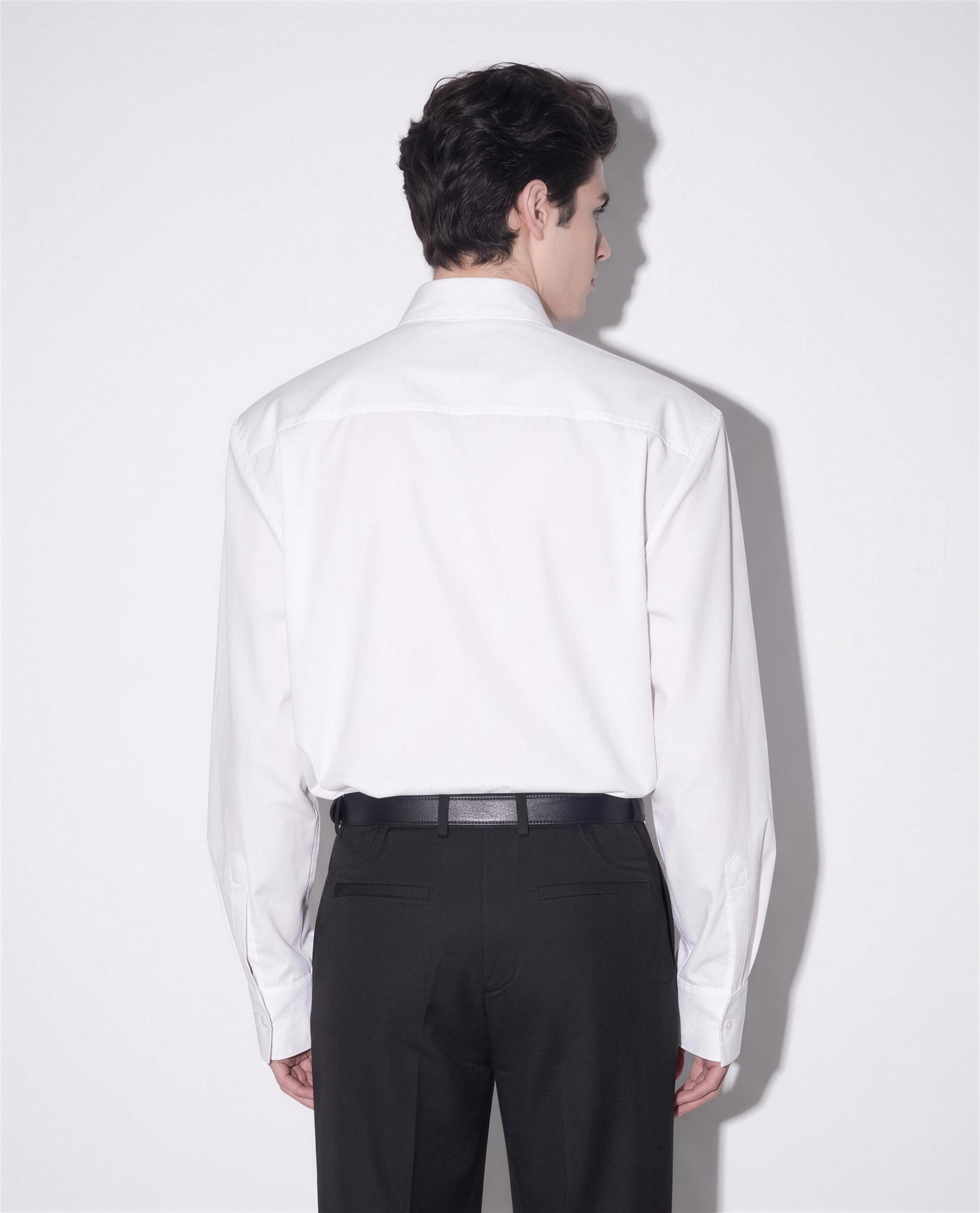 Boxy Pleated Front Pointed Collar Tuxedo Shirt in white - back view showing squared shoulder line and yoke seam