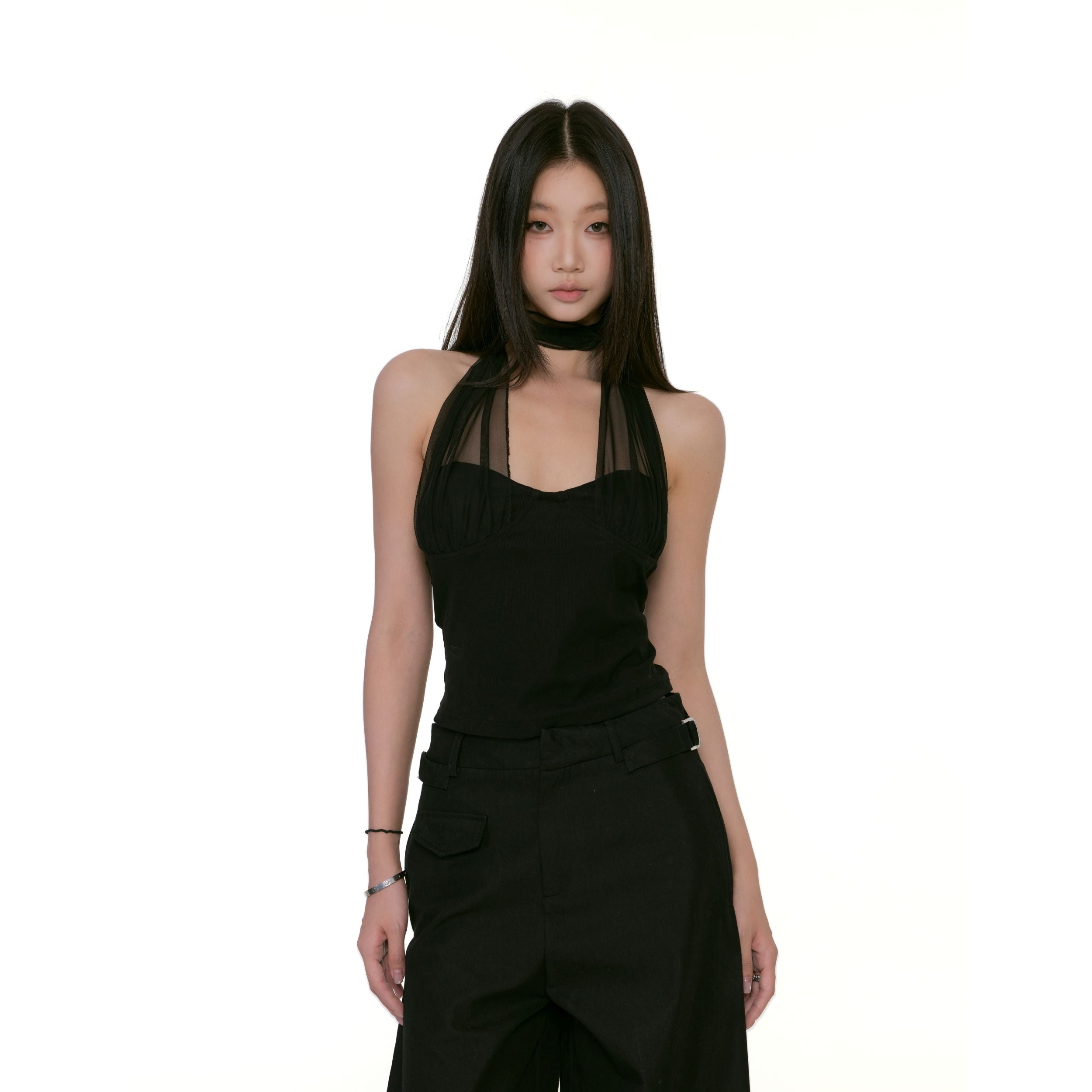 Sheer Halter Neck Mesh Top with Scarf Detail