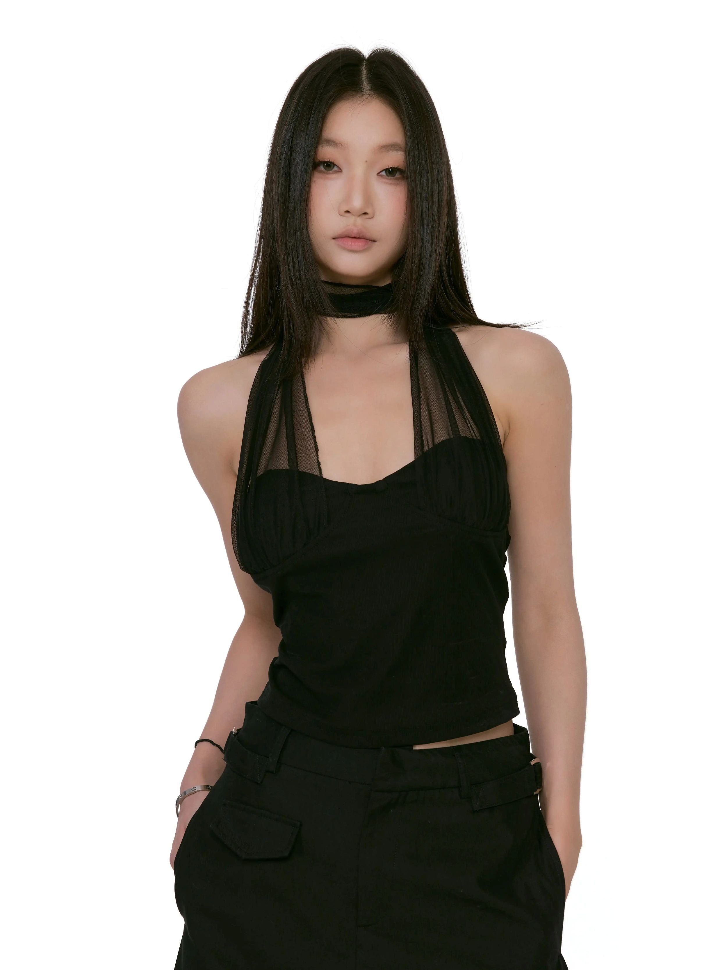 Sheer Halter Neck Mesh Top with Scarf Detail
