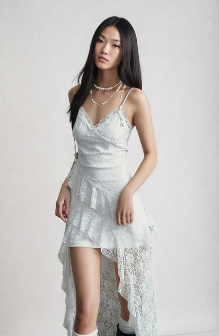 Asymmetric Lace Overlay Spaghetti Strap Dress - nightcity clothing