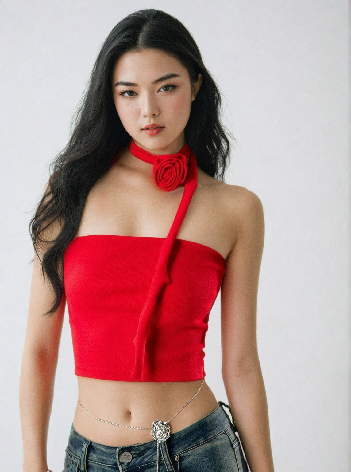 One-Shoulder Ruffled Crop Top with Rose Neck Detail