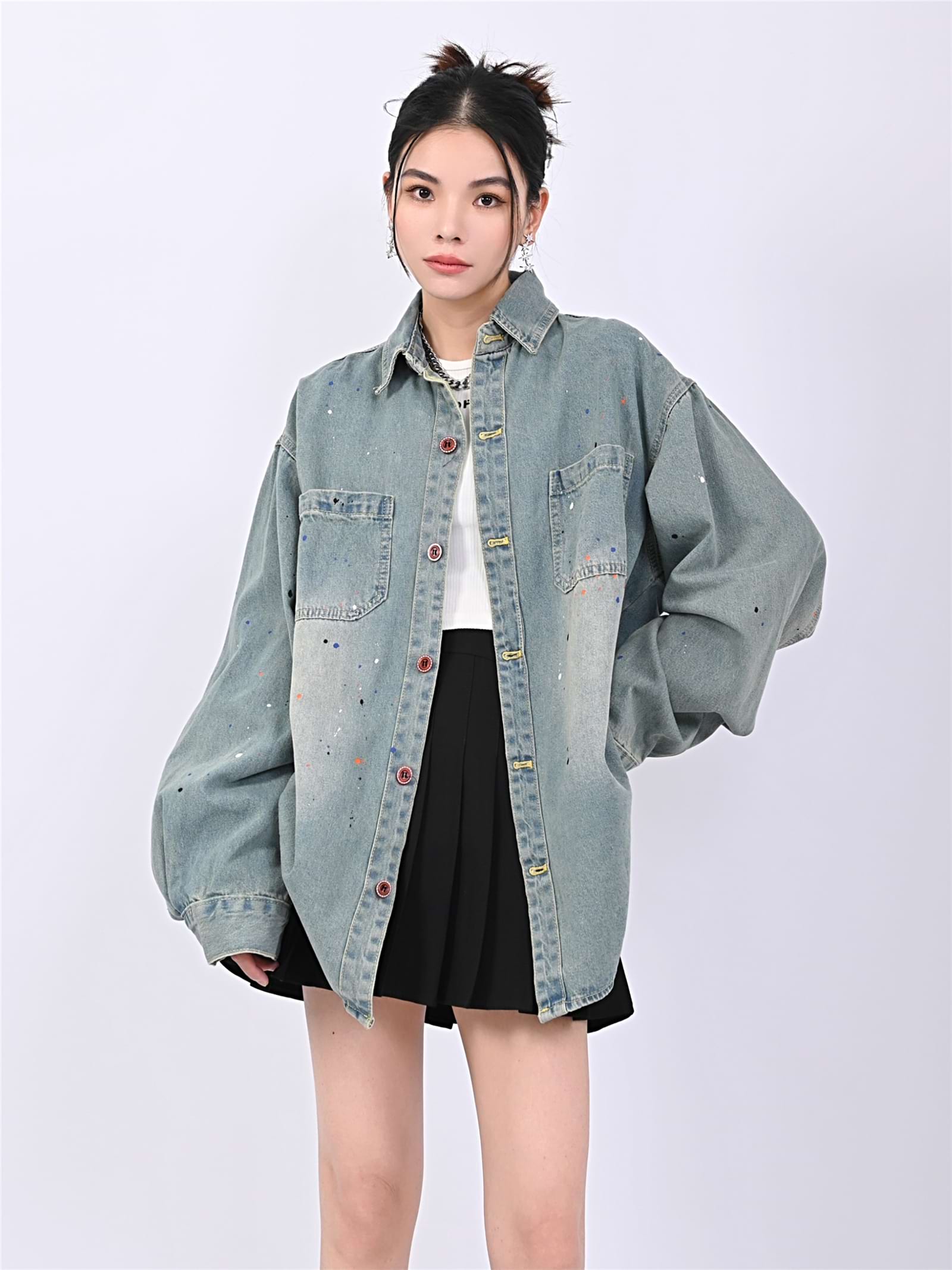 Paint Splatter Oversized Denim Shirt