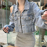 Asymmetric Cold Shoulder Distressed Cropped Denim Jacket - nightcity clothing