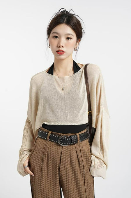 Open Knit Oversized Crop Sweater - nightcity clothing