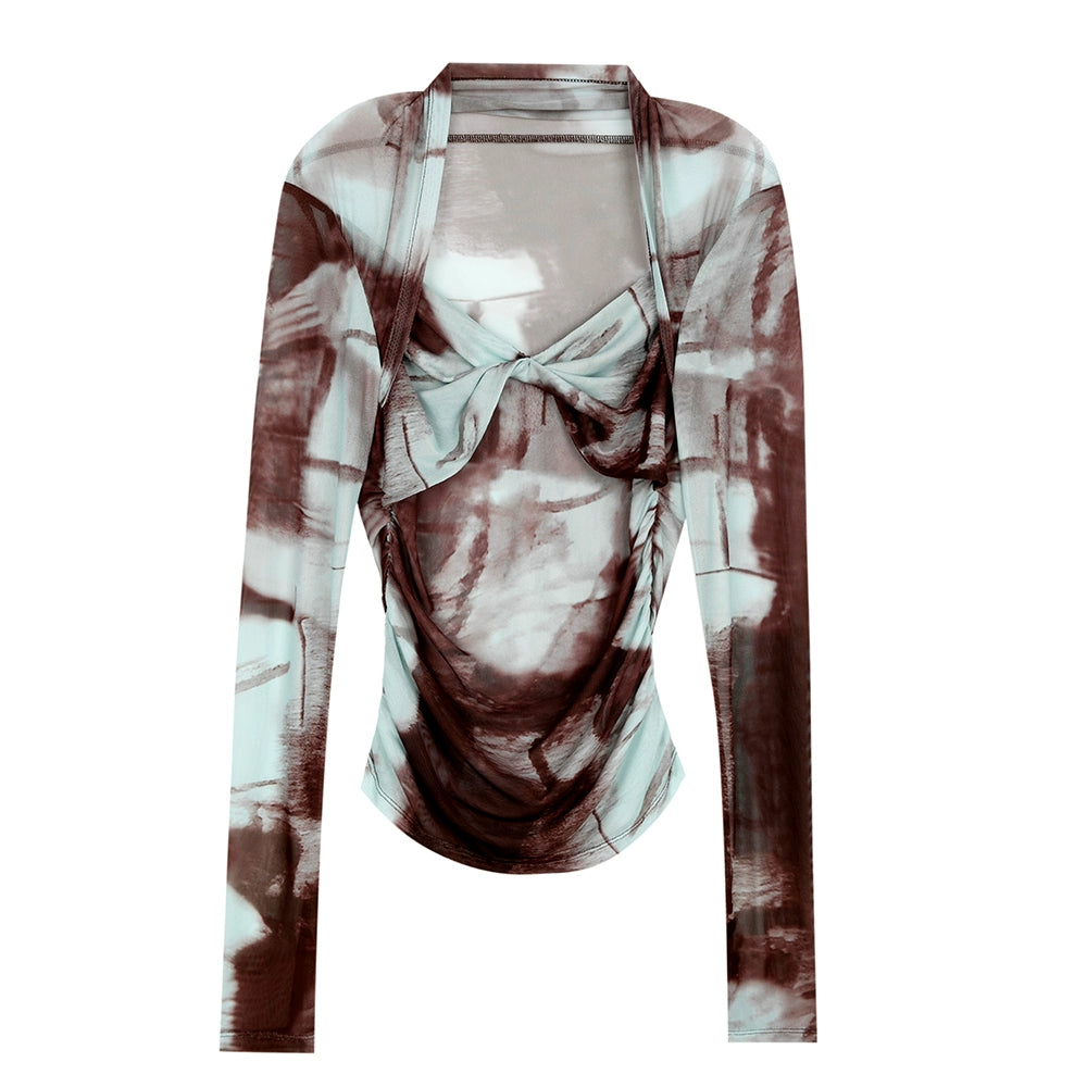 Twist Tie-Front Abstract Print Long Sleeve Top
