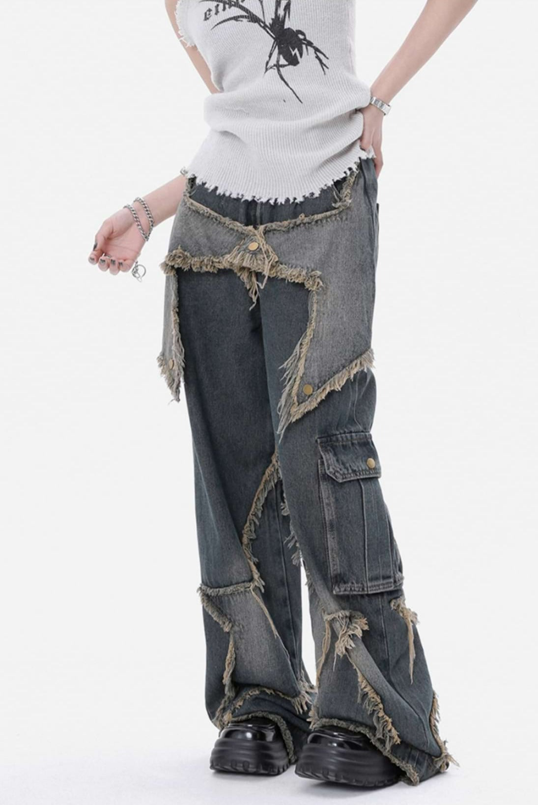 Distressed Star Patchwork Wide Leg Jeans