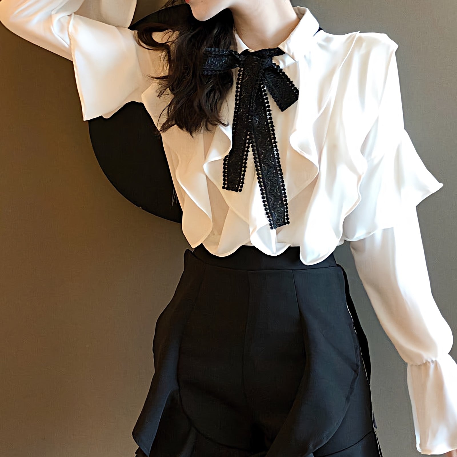 Slim Ruffle Sleeve Blouse with Collar Bow - nightcity clothing