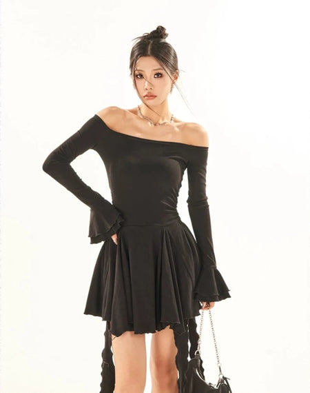 Off-Shoulder Bell Sleeve Ruffle Skater Dress