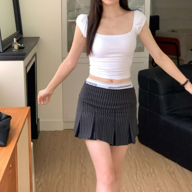Stripe Pleated Mini Skirt