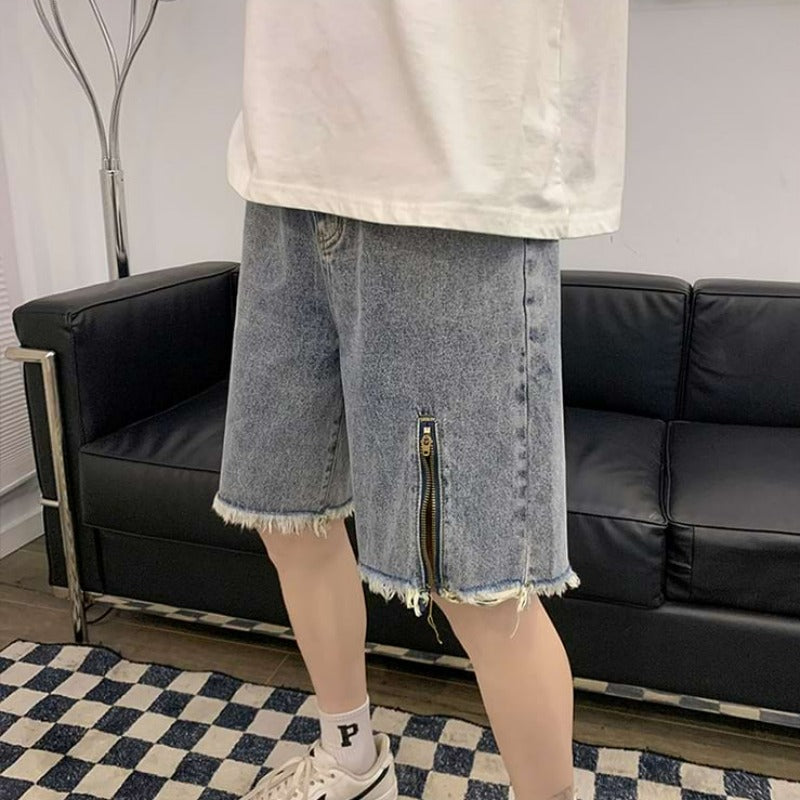 Distressed Hem Zip Split Denim Shorts