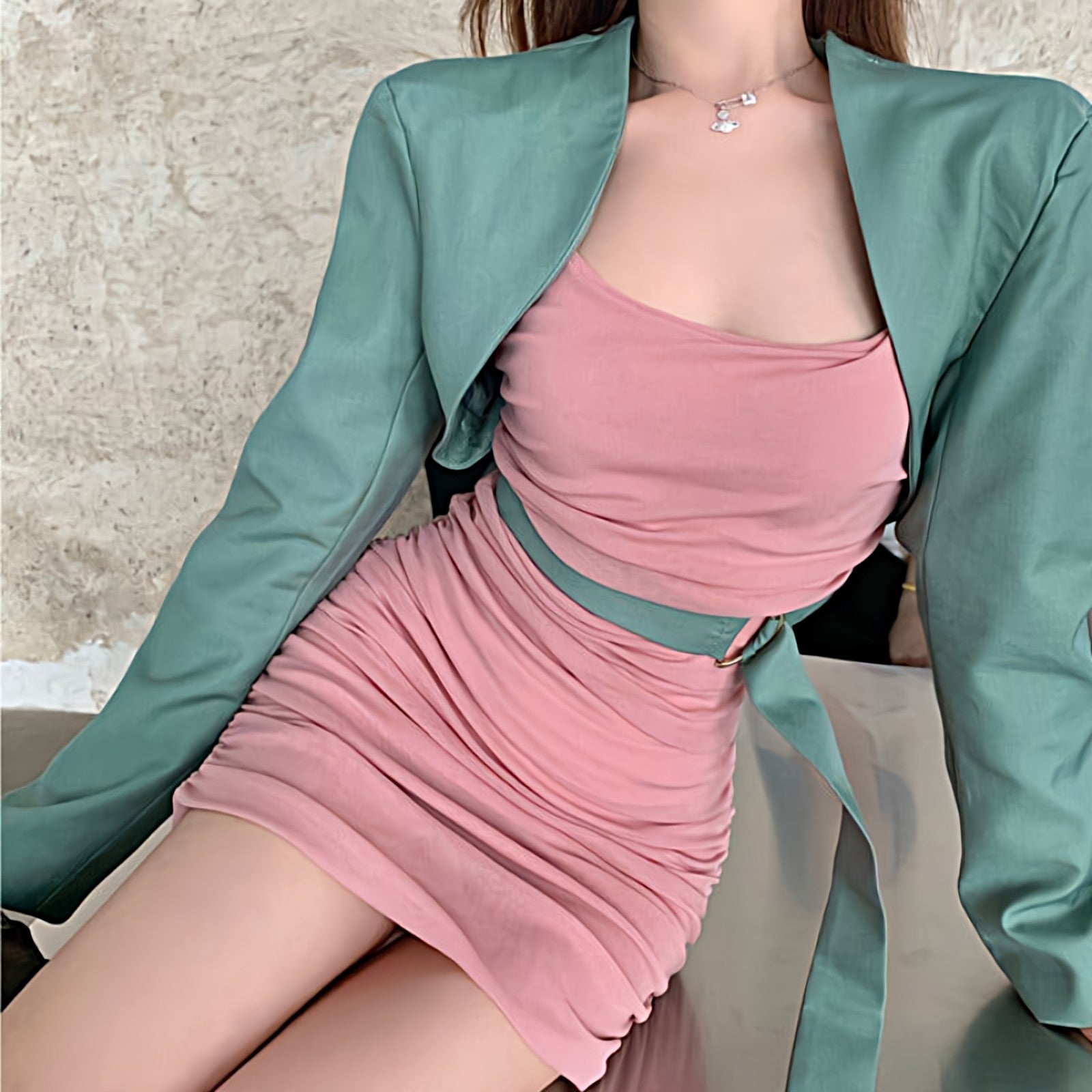 Cropped Lapelless Belted Blazer and Ruched Spaghetti Strap Mini Dress Two Piece Set - nightcity clothing