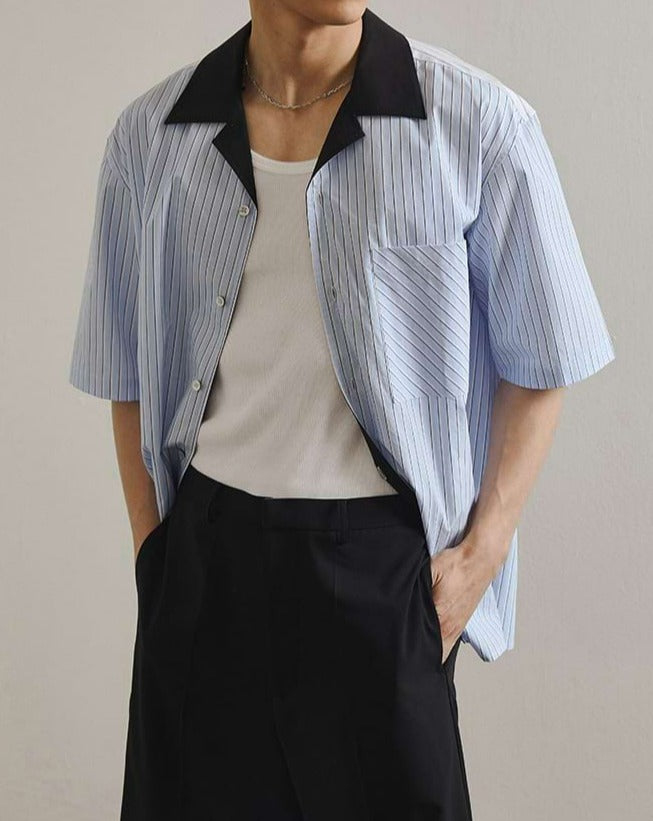 Contrast Collar Stripe Button Shirt