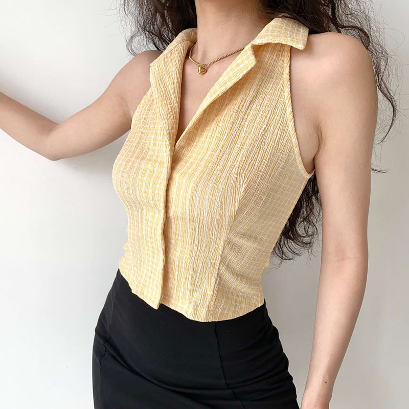 Plaid Sleeveless Collared Crop Top