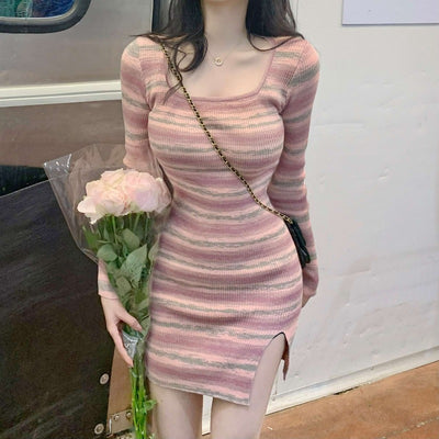Stripe Side Split Bodycon Long Sleeve Mini Dress