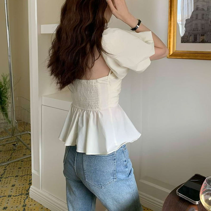Puff-Sleeve Off-Shoulder Pleated Top