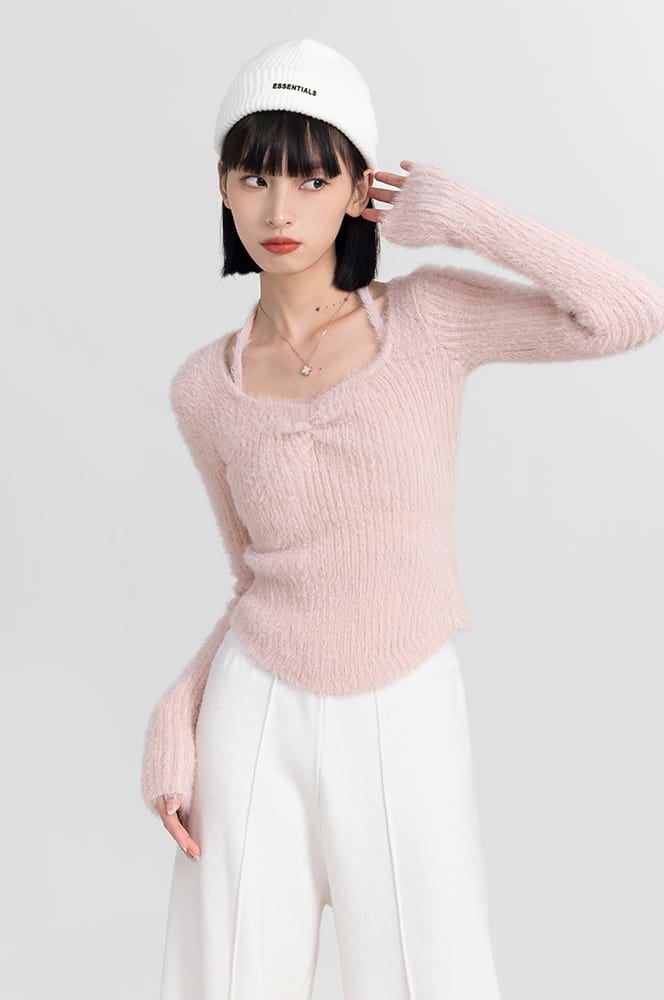 Halter Strap Fuzzy Long Sleeve Top