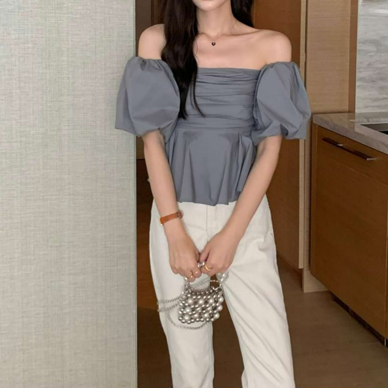 Puff-Sleeve Off-Shoulder Pleated Top