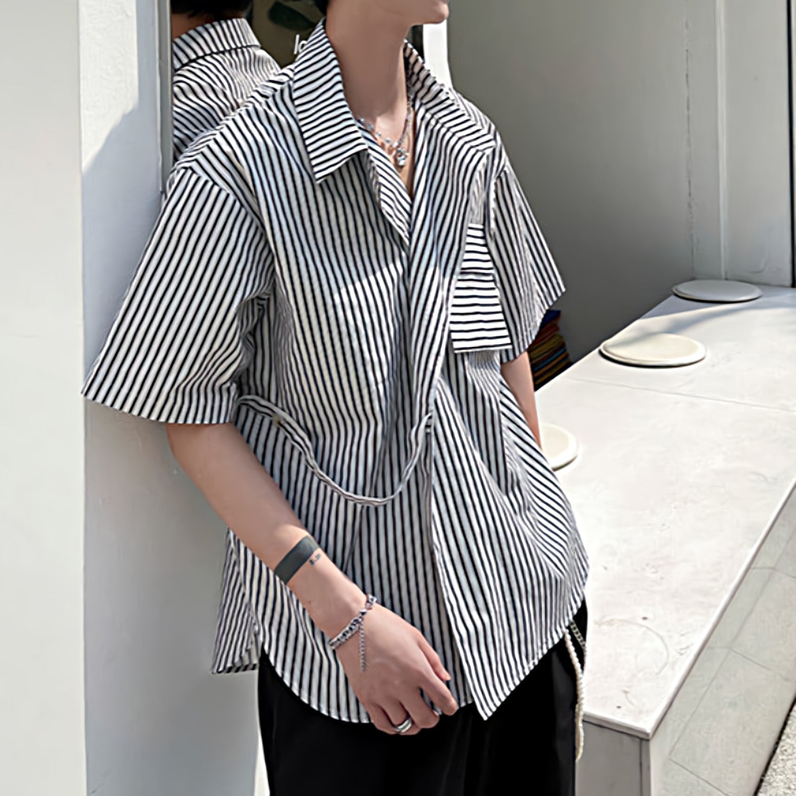 Overlap Pinstripe Button Shirt with Square Pocket Detail - nightcity clothing