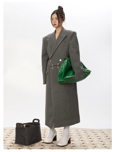 Oversized Wool Long Coat with Charm Details
