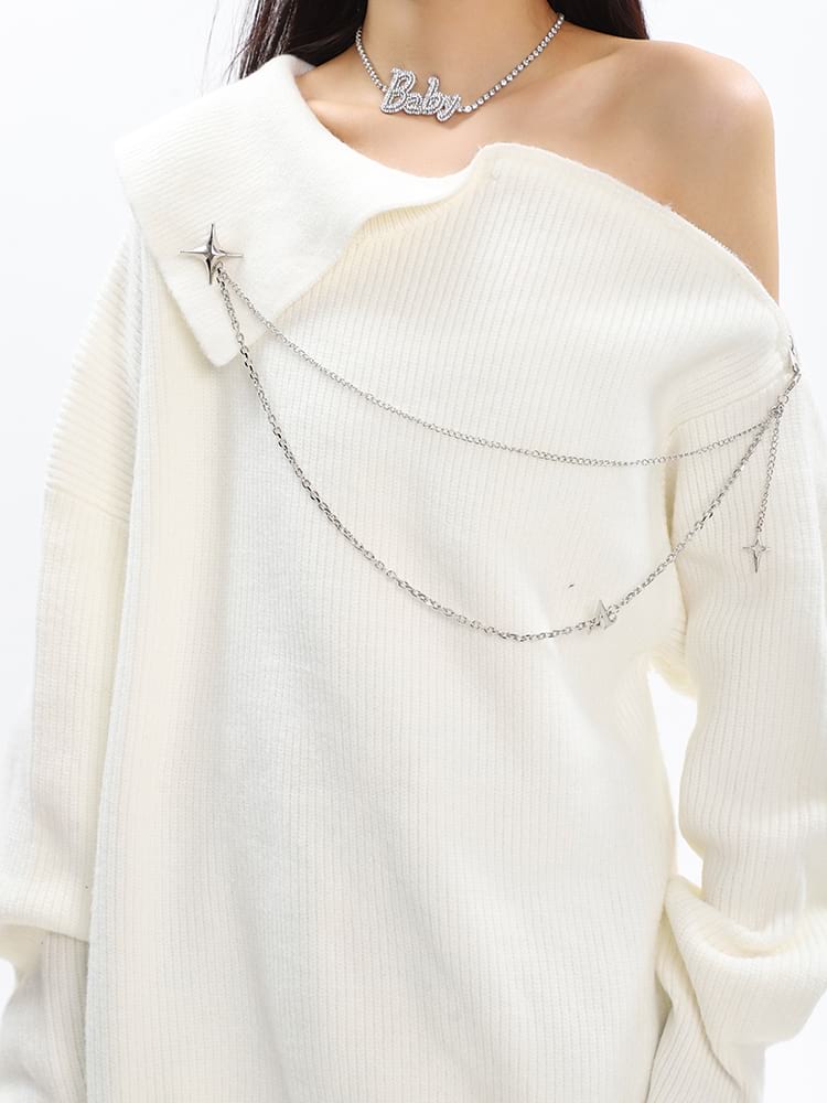 Asymmetric Off Shoulder Knit Long Top with Chain Accessory