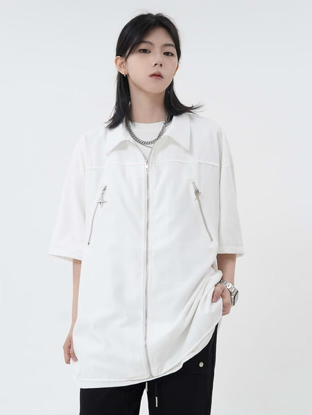 Elbow-Sleeve Oversized Zip Top