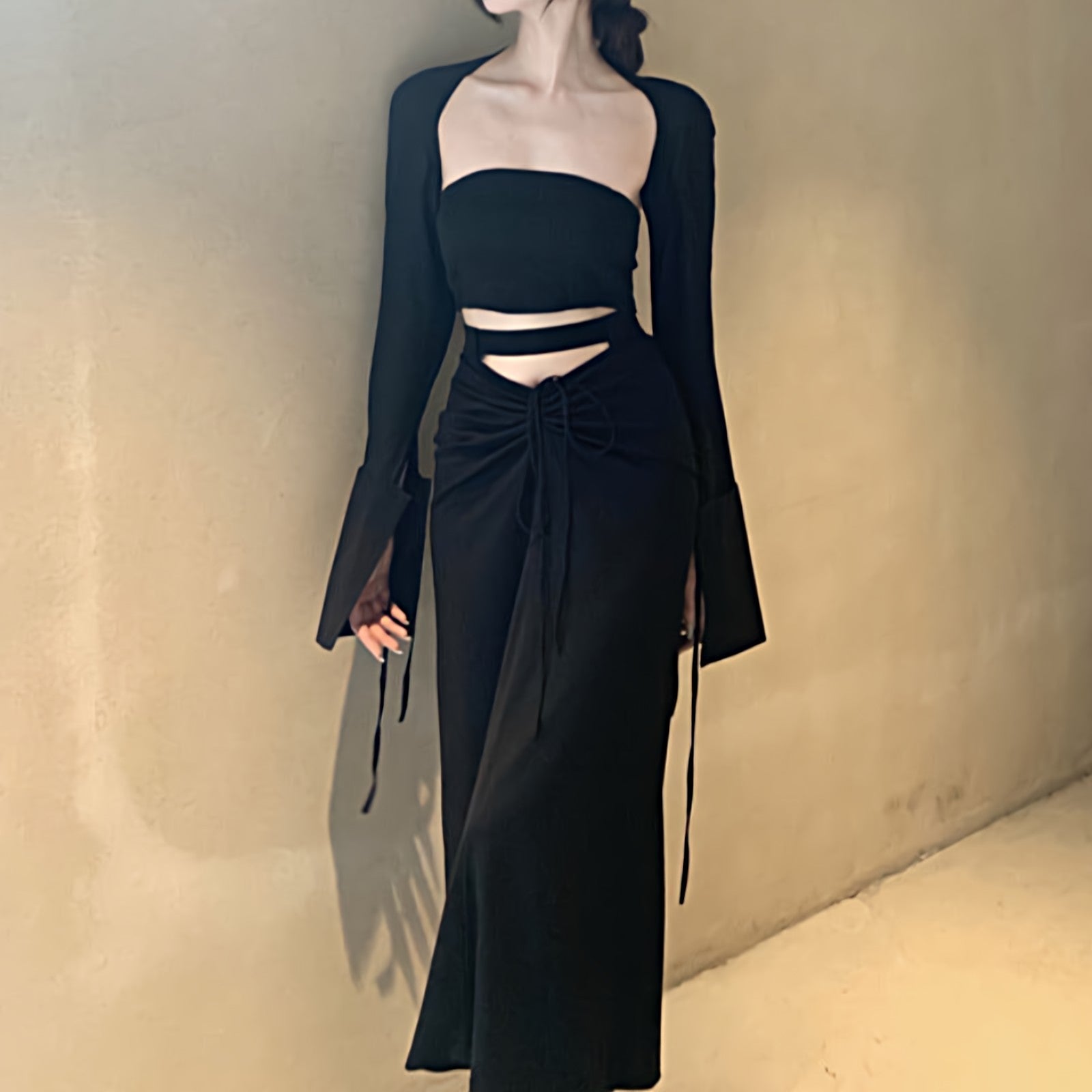 Tube Top with Shoulder Warmer Shrug and Drawstring Ruched Midi Skirt Three-Piece Set - nightcity clothing