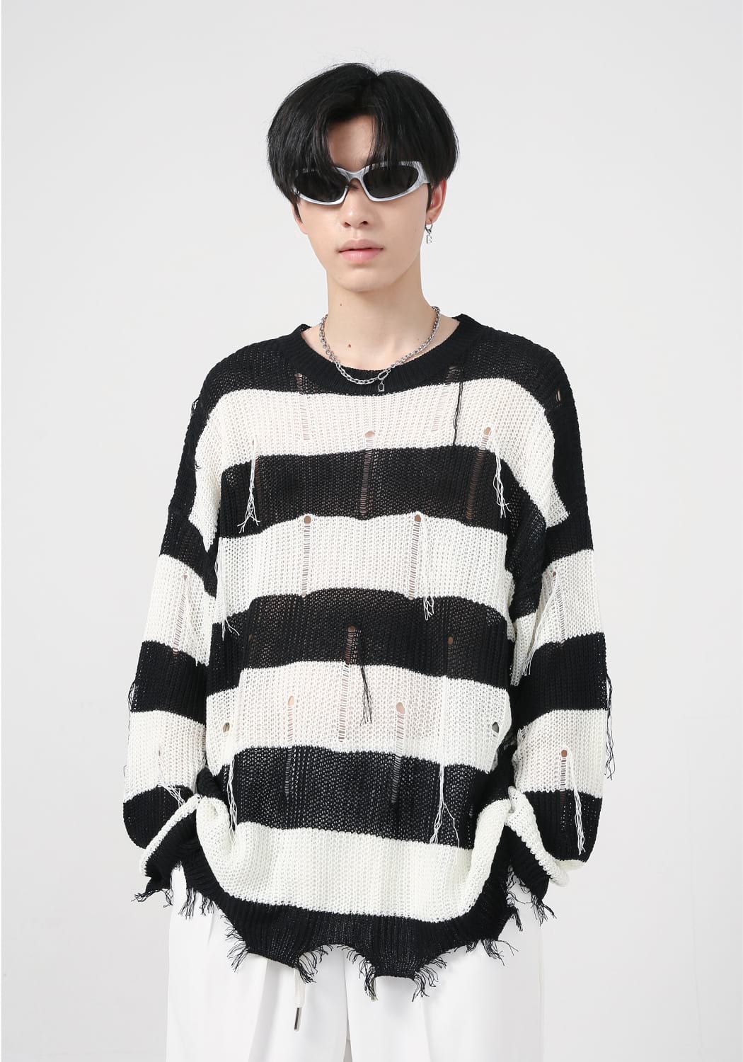 Distressed Tassel Stripe Knit Sweater - nightcity clothing