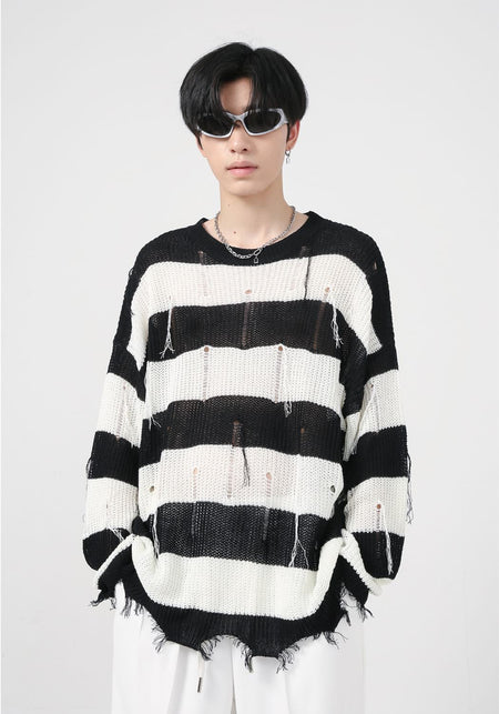 Distressed Tassel Stripe Knit Sweater - nightcity clothing