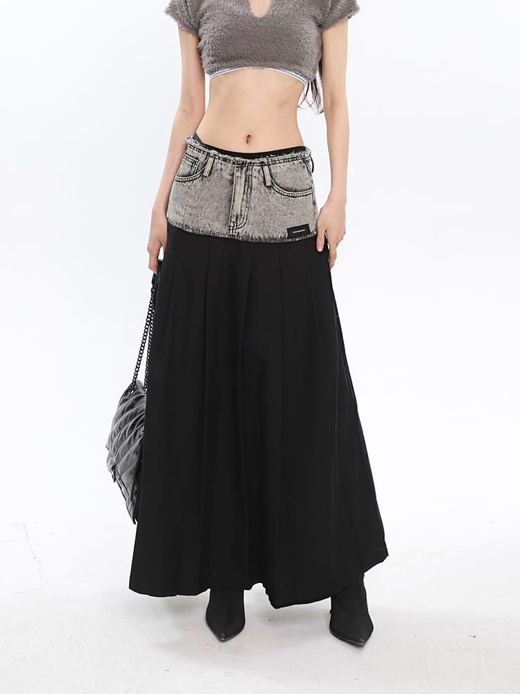 Denim Patchwork Pleated Midi Skirt