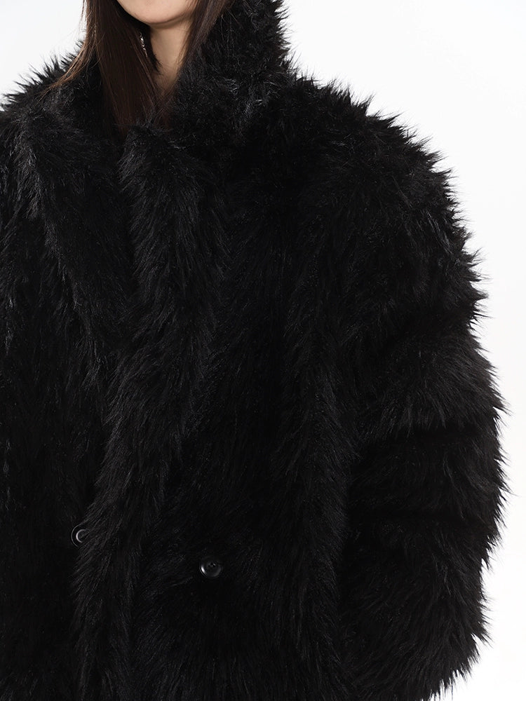 Long Shaggy Faux Fur Coat with Wide Lapels