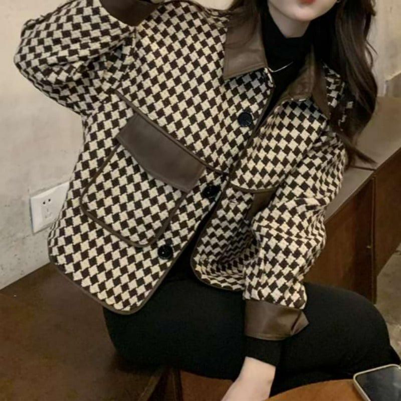 Faux Leather Argyle Pattern Blazer Jacket