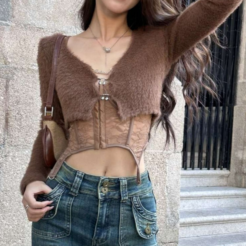 Spaghetti Strap Corset and Fuzzy Cropped Cardigan Top