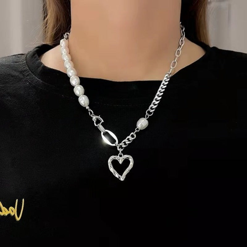 Mock Pearl and Hollow Heart Pendant Chain Necklace - nightcity clothing