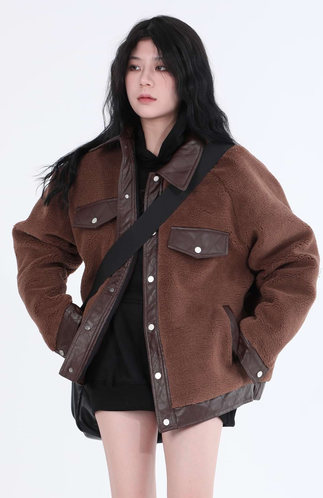 Faux Leather Trim Oversized Button Jacket