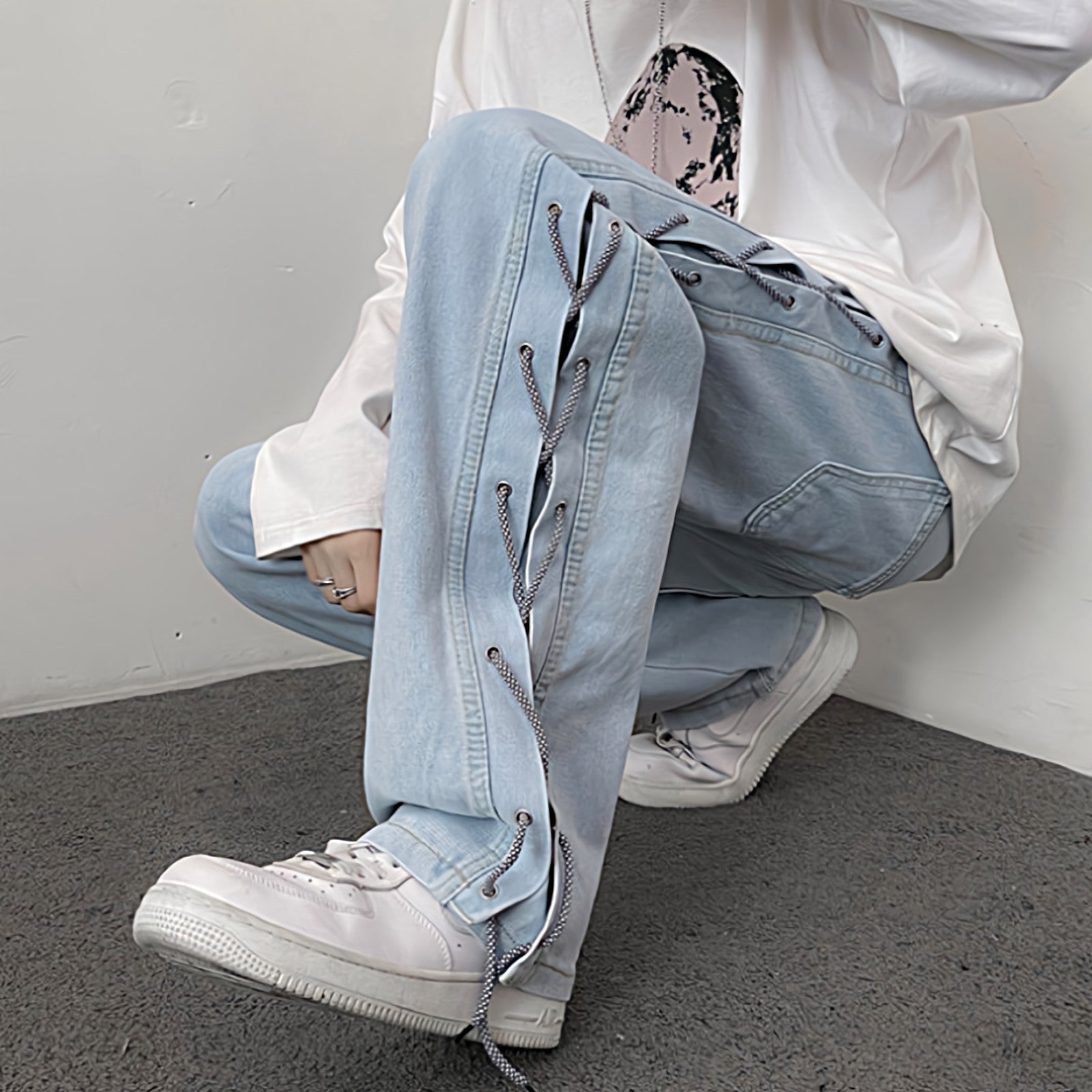 Split Hem Straight Jeans with Side Drawstring Lace - nightcity clothing