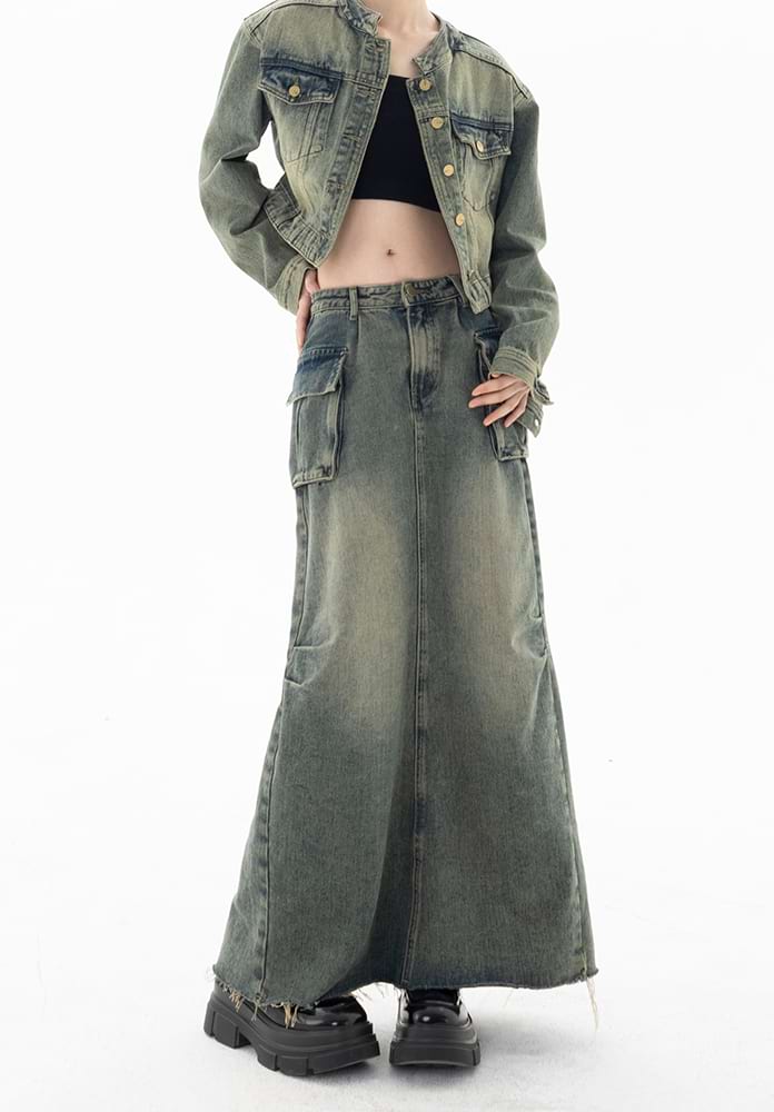 Faded Pocketed Denim Maxi Skirt