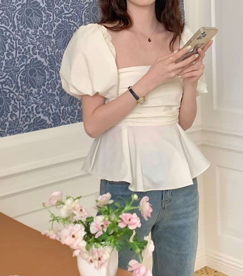 Puff-Sleeve Off-Shoulder Pleated Top