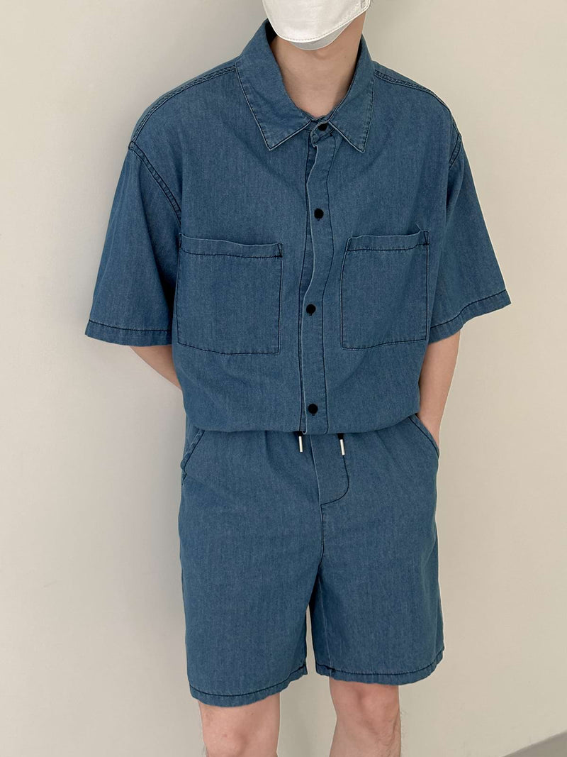 Soft Denim Button Shirt and Elastic Waist Shorts Two-Piece Set